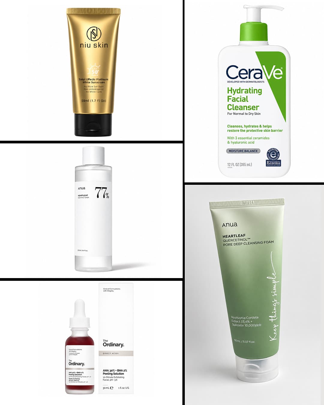 A collage of 5 beauty products ranging from toner, cleanser, serum and sunscreen.