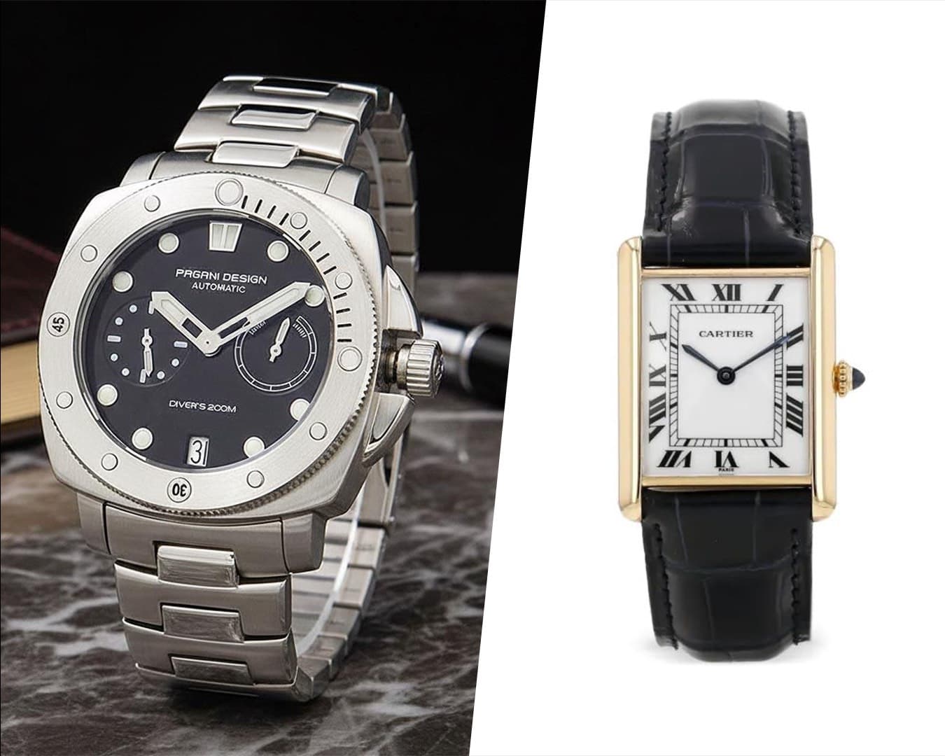 Vintage Cartier Tank dress watch beside an oversized steel sport watch