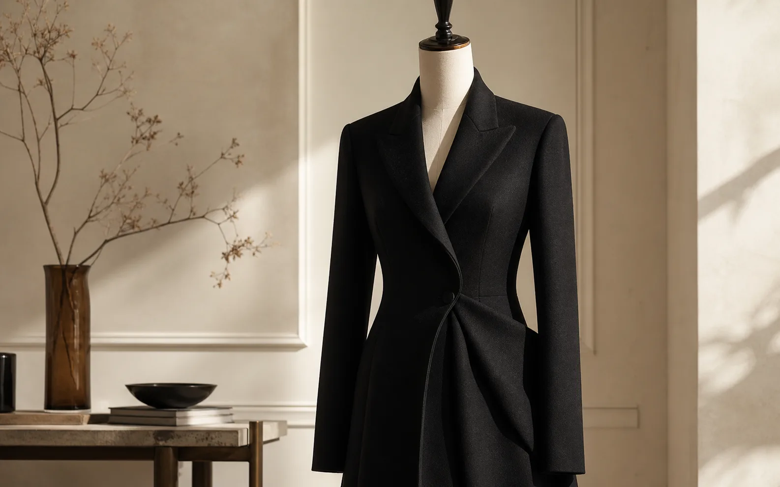 A sculptural black tailored coat displayed in a quiet cream atelier interior.