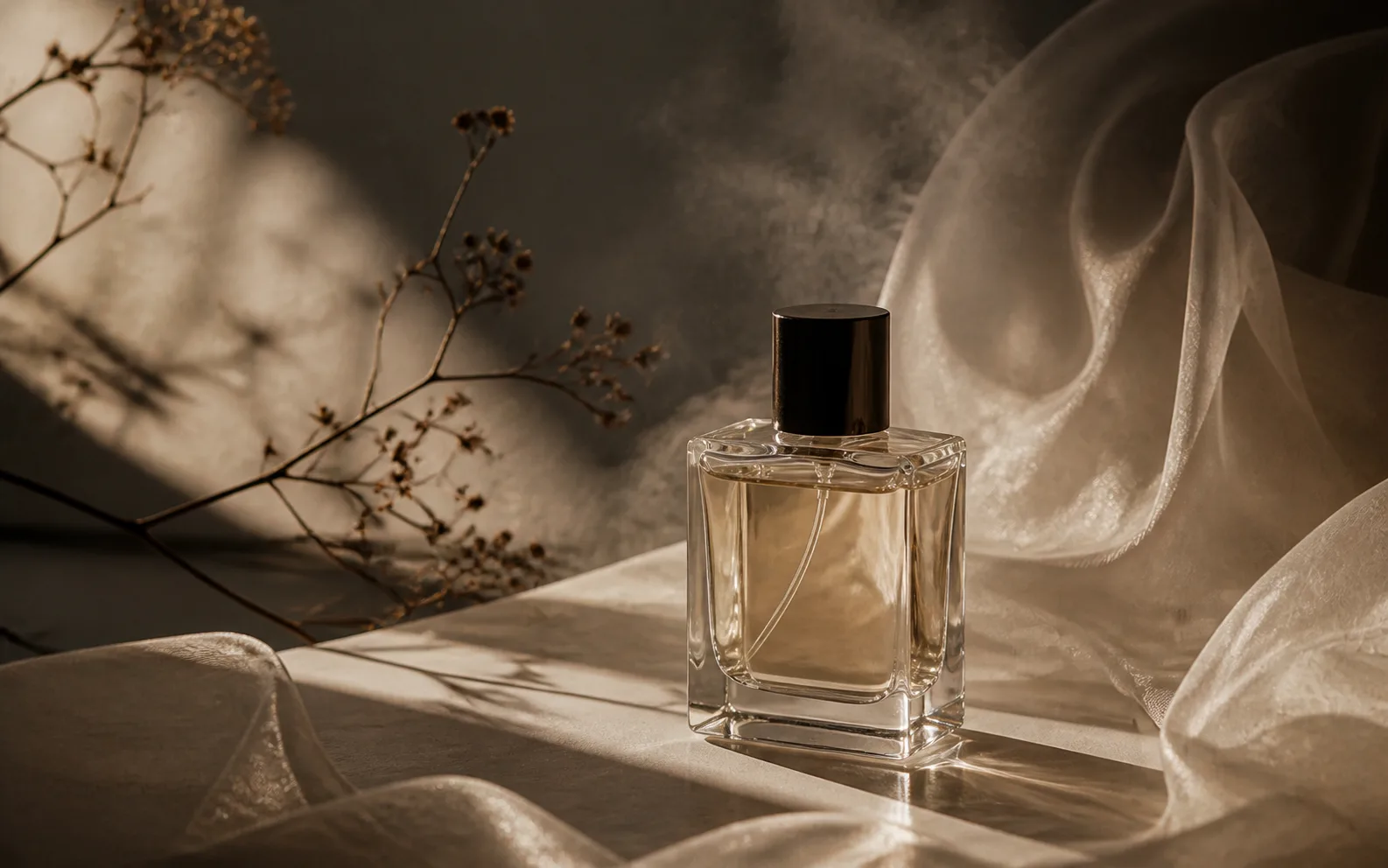 An abstract fragrance still life with an unlabeled glass bottle, translucent fabric and soft shadow.