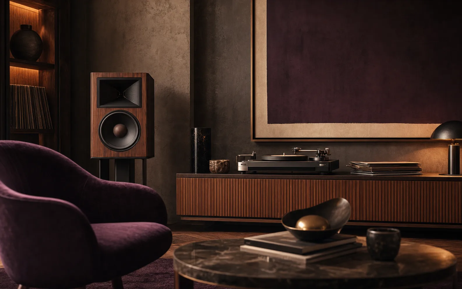 An intimate listening room with sculptural audio objects, warm wood and low amber light.