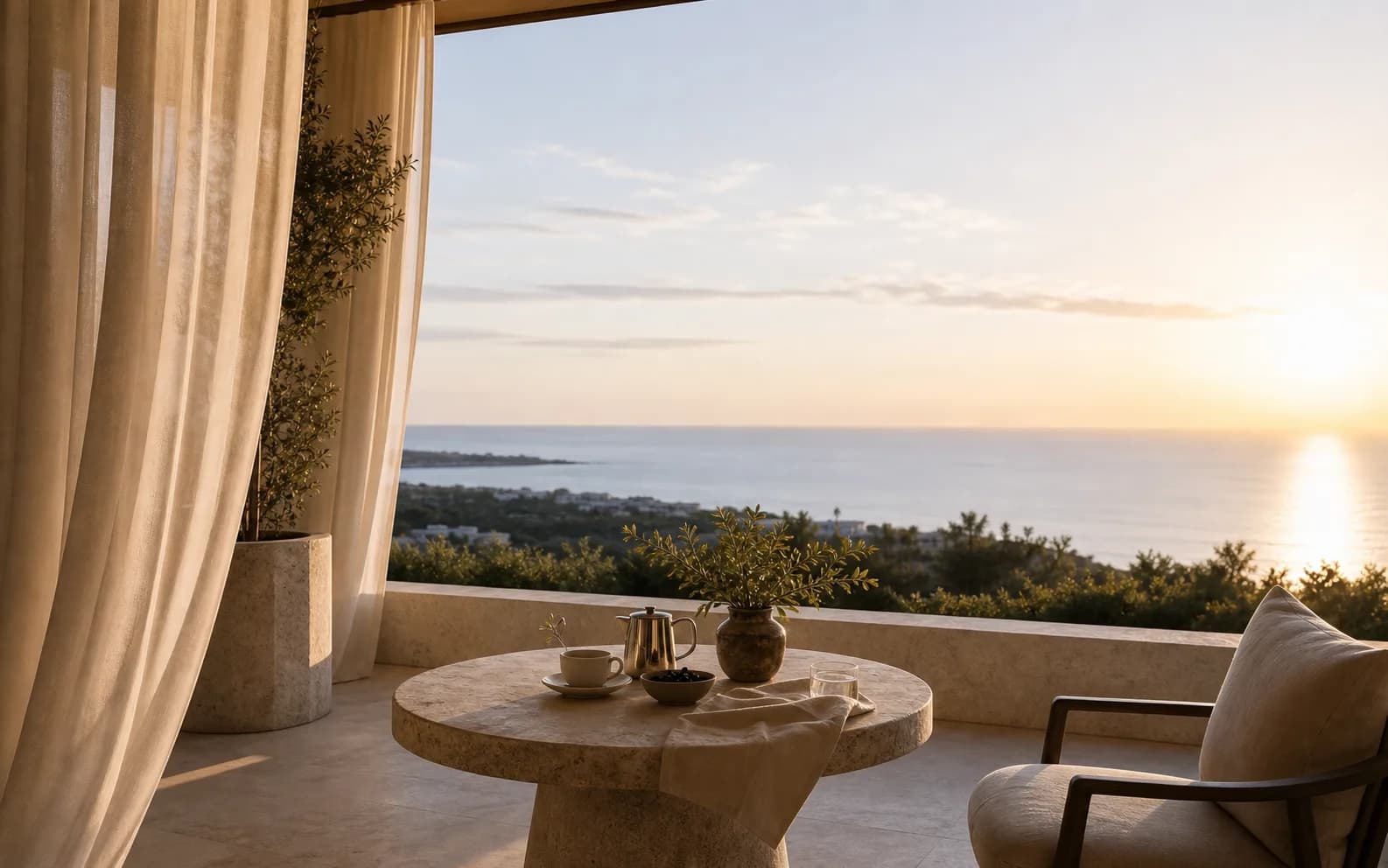 A quiet luxury hotel terrace at dawn with linen curtains, stone table and distant horizon.