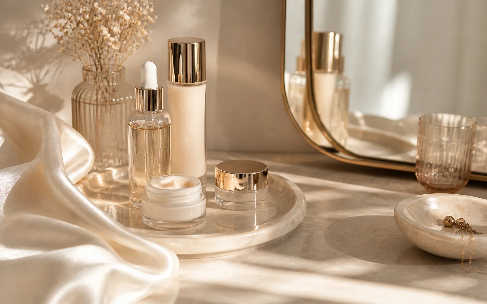 A luminous beauty still life with unlabeled glass vessels, silk and soft morning light.