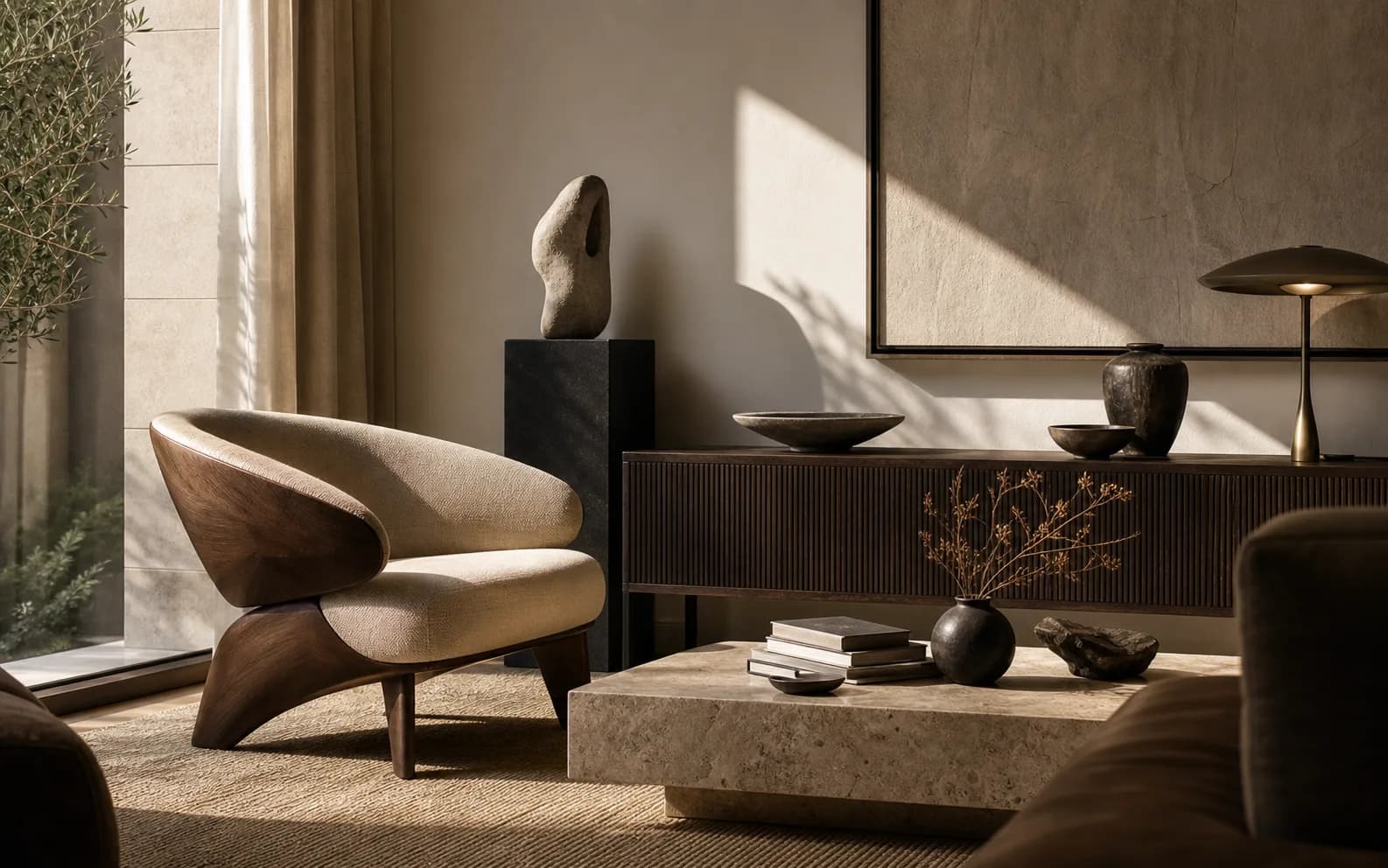 A refined contemporary interior with sculptural furniture, textured linen and warm daylight.