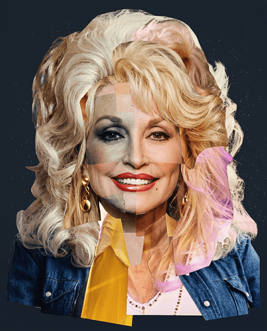 A glamorous portrait of Dolly Parton with her signature big blonde hair, rhinestone jewelry, and bold makeup, smiling warmly.