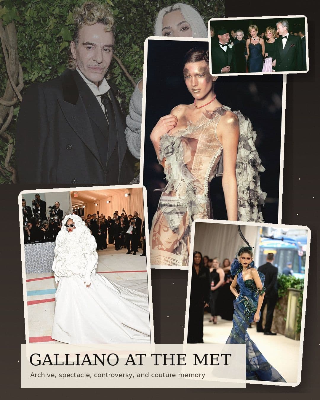 Editoriacollage of John Galliano and several Galliano-linked Met Gala fashion moments
